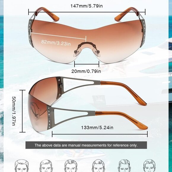 Y2K Sunglasses For Women Men Fashion Shield Rimless Wrap Around Sunglass Gradien - Picture 3 of 7